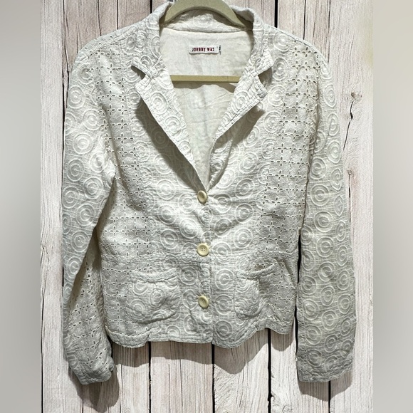 Johnny Was off white Lace 100% Cotton Eyelet Blazer Elegant Floral Design Size M - Picture 2 of 5